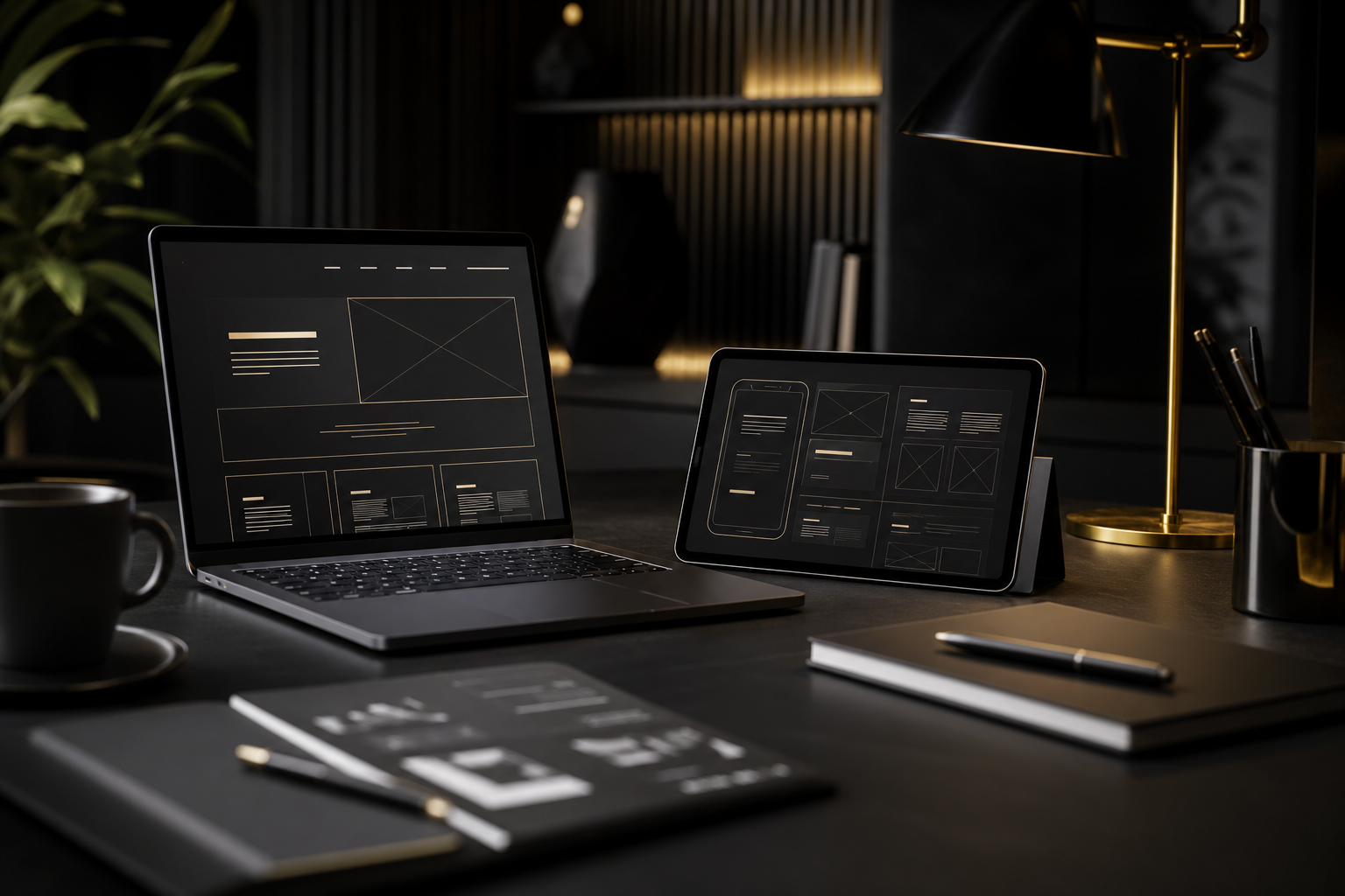 Premium dark studio desk with responsive website wireframes on laptop and tablet