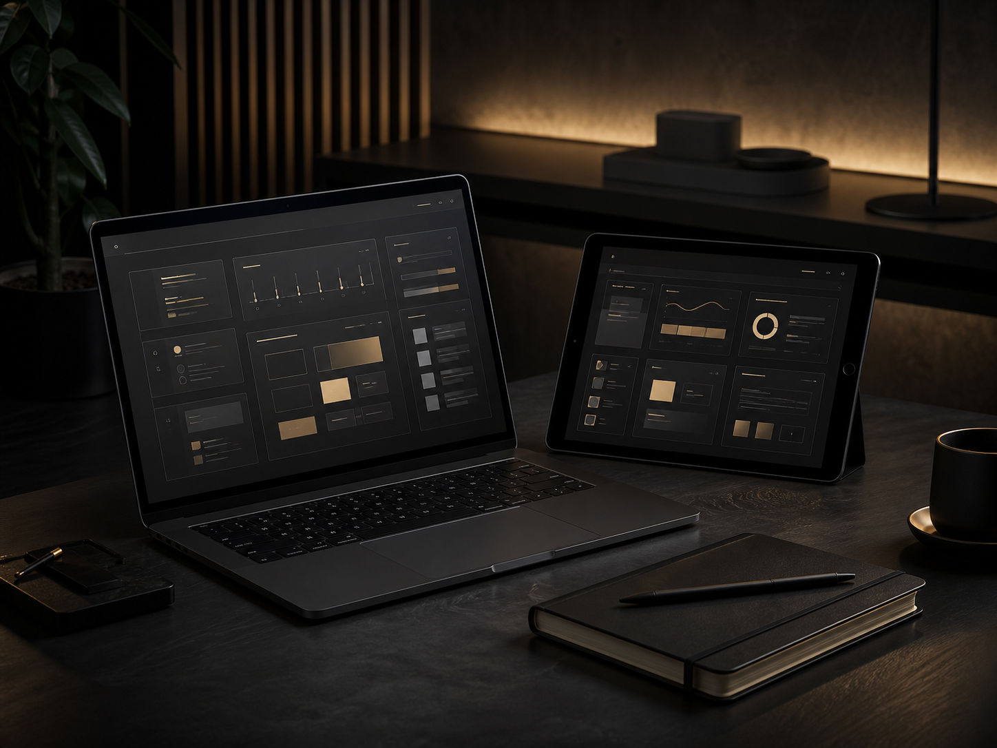 Dark product studio workspace with laptop and tablet interface prototypes