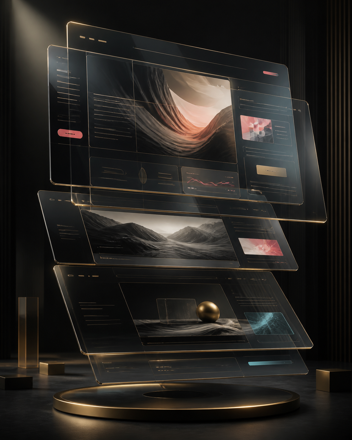 Layered transparent website experience in black and gold