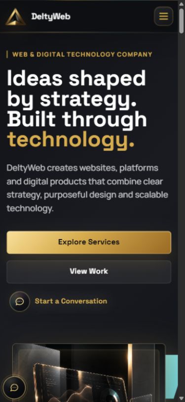 The same DeltyWeb homepage in its actual mobile layout