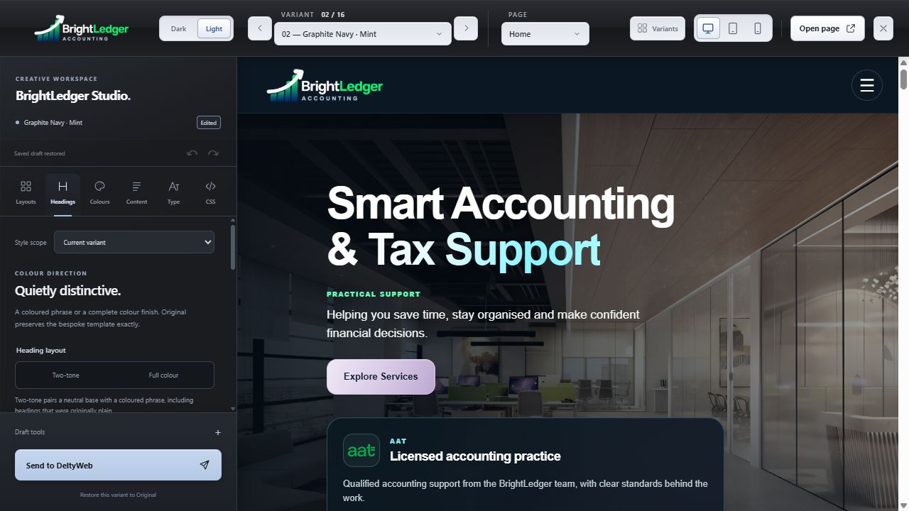 BrightLedger Studio with design controls and a live accounting website preview